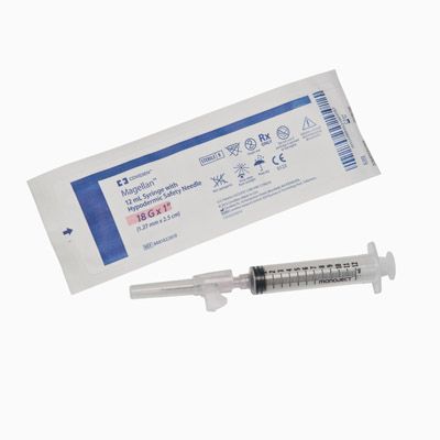 Syringe with Hypodermic Needle Monoject™ Magellan™ 12 mL 22 Gauge 1-1/2 Inch Attached Needle Sliding Safety Needle